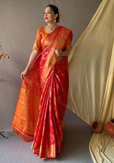 Red Zari Woven Design Patola Silk Saree Set