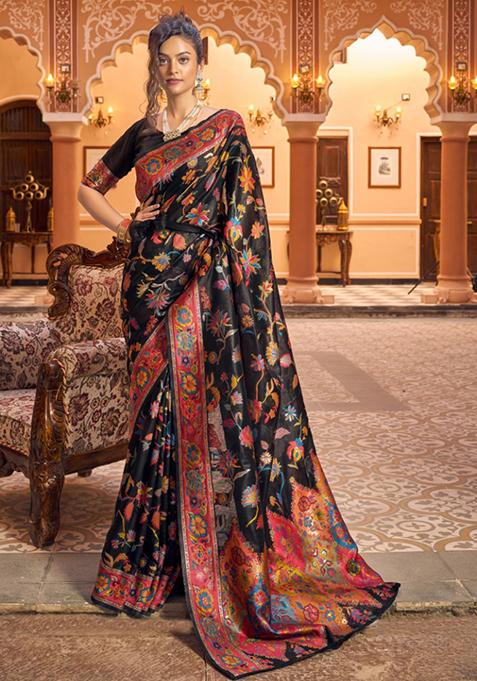 Black Zari Thread Work Banarasi Cotton Blend Saree Set