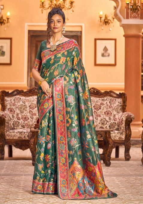 Green Zari Thread Work Banarasi Cotton Blend Saree Set