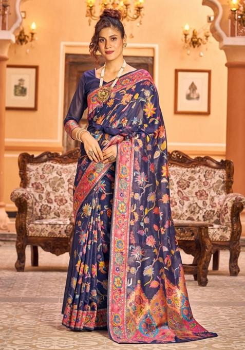 Navy Blue Zari Thread Work Banarasi Cotton Blend Saree Set