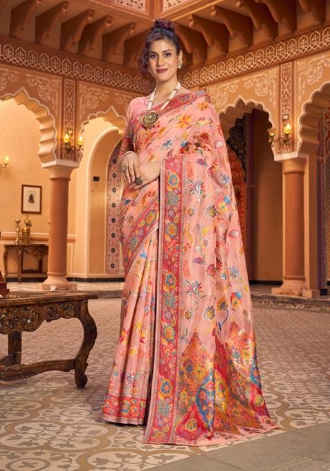 Peach Zari Thread Work Banarasi Cotton Blend Saree Set