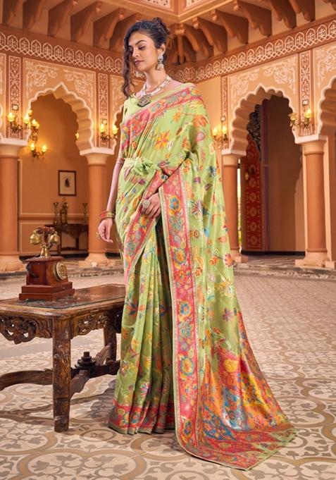 Parrot Green Zari Thread Work Banarasi Cotton Blend Saree Set