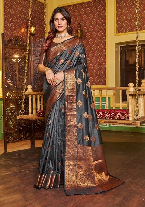 Grey Zari Woven Silk Blend Saree Set