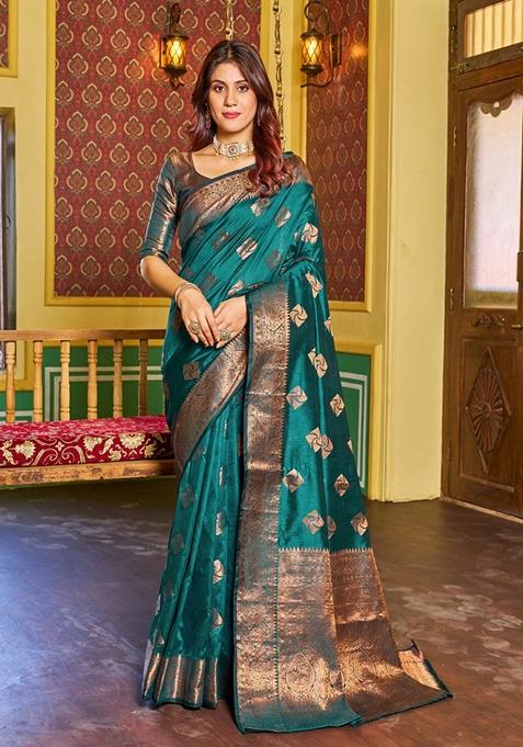 Teal Zari Woven Silk Blend Saree Set