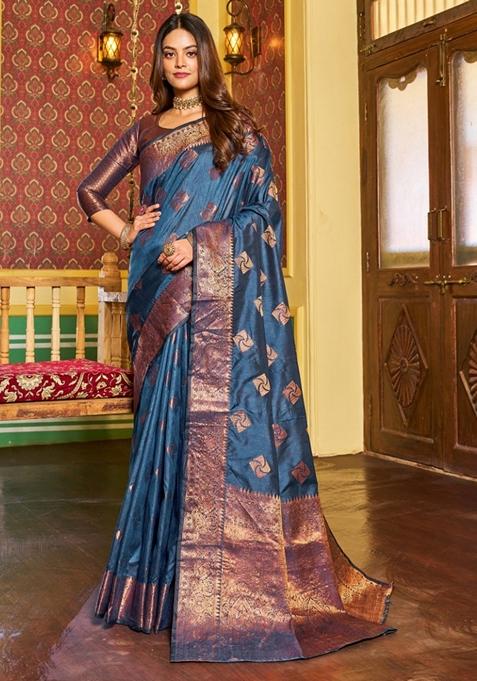 Navy Blue Zari Woven Silk Blend Saree Set