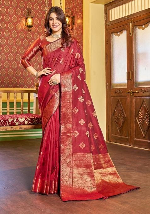 Red Zari Woven Silk Blend Saree Set