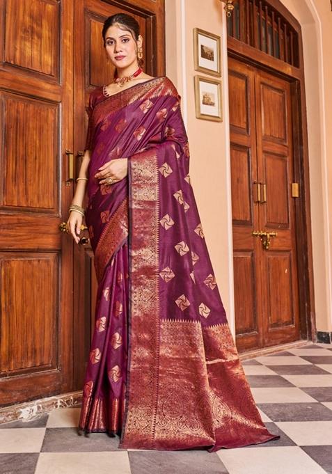 Wine Zari Woven Silk Blend Saree Set