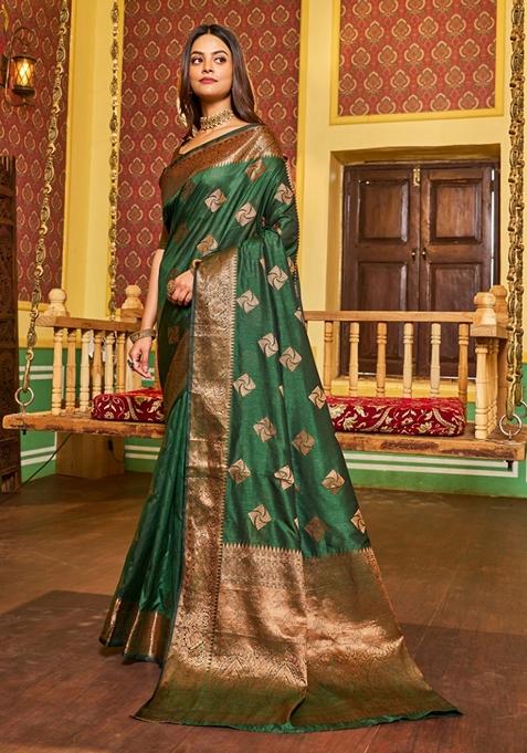 Green Zari Woven Silk Blend Saree Set