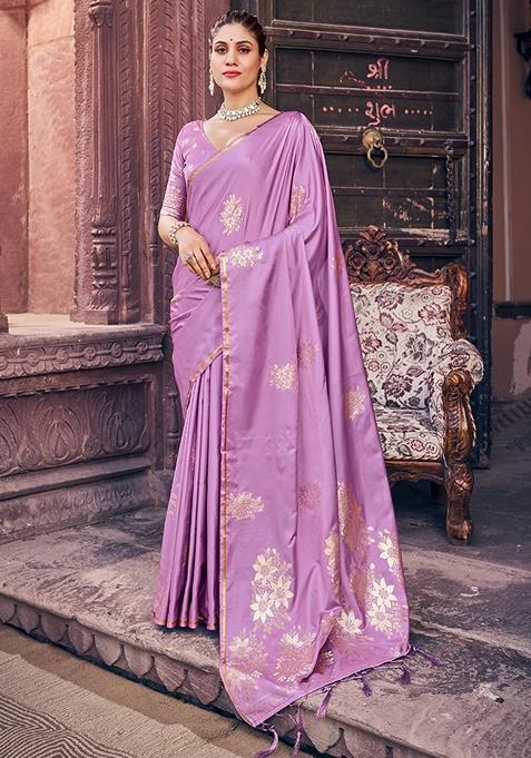 Purple Zari Woven Satin Blend Saree Set