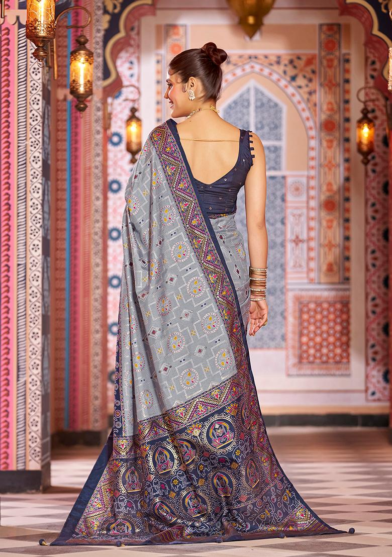 Grey Textured Print Silk Blend Saree Set - Indya