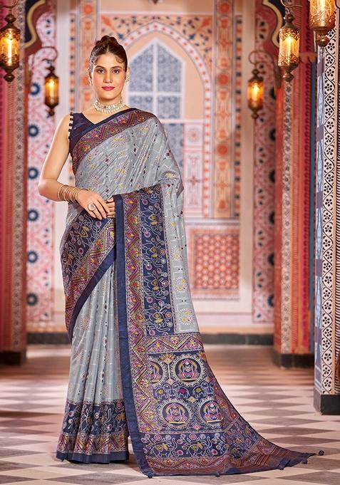 Grey Textured Print Silk Blend Saree Set