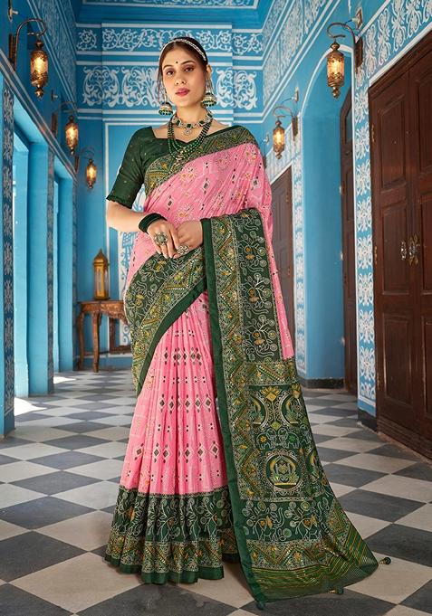 Pink Textured Print Silk Blend Saree Set