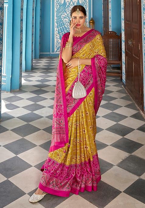 Yellow Textured Print Silk Blend Saree Set