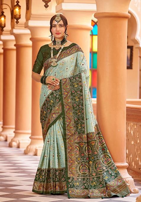 Green Textured Print Silk Blend Saree Set