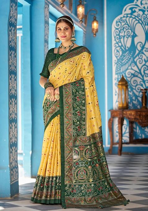 Lemon Yellow Textured Print Silk Blend Saree Set