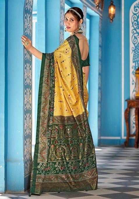 Women's Cotton Blend Lemon Yellow Printed Designer Saree With Blouse Piece