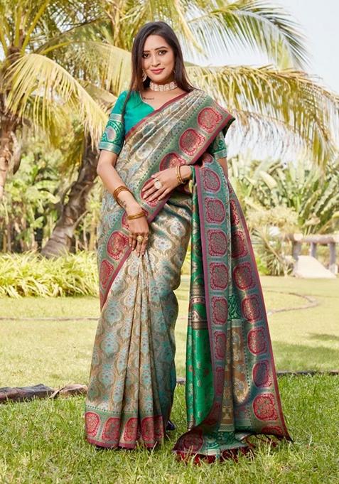 Green Zari Woven Silk Blend Saree Set