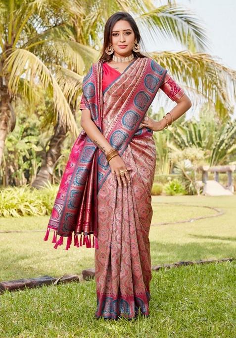 Pink Zari Woven Silk Blend Saree Set