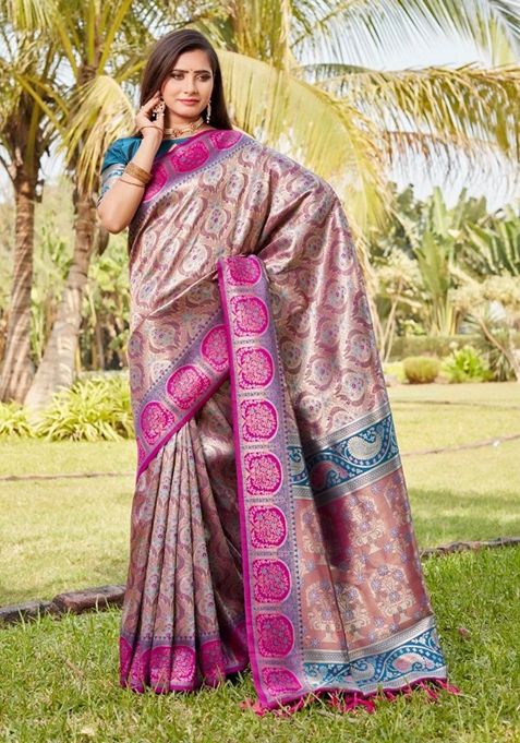 Rani Pink Zari Woven Silk Blend Saree Set