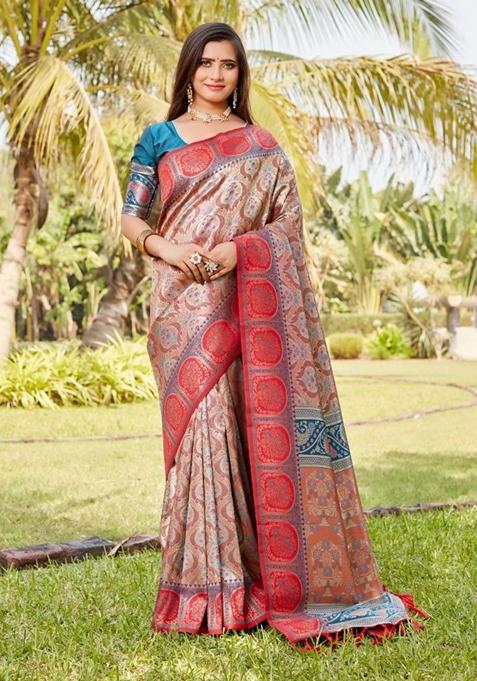 Red Zari Woven Silk Blend Saree Set