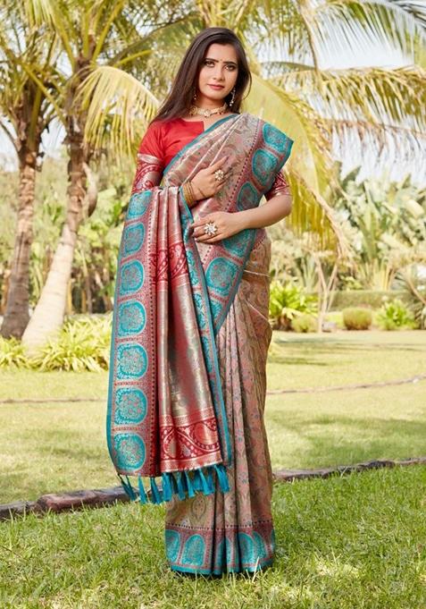 Teal Zari Woven Silk Blend Saree Set