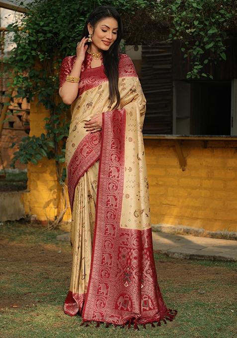 Cream Zari Woven Silk Blend Saree Set