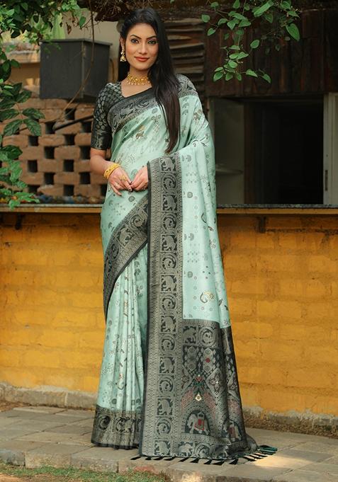 Turquoise Zari Woven Silk Blend Saree Set