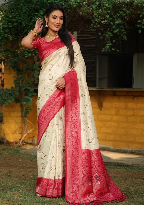 Off White Zari Woven Silk Blend Saree Set