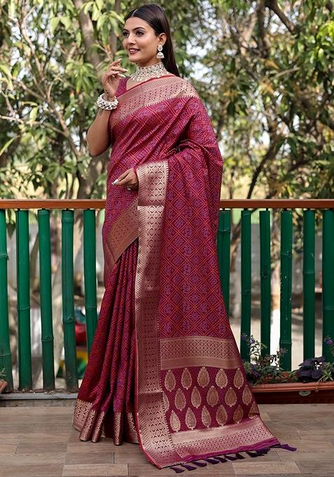 Rani Pink Zari Woven Silk Blend Saree Set