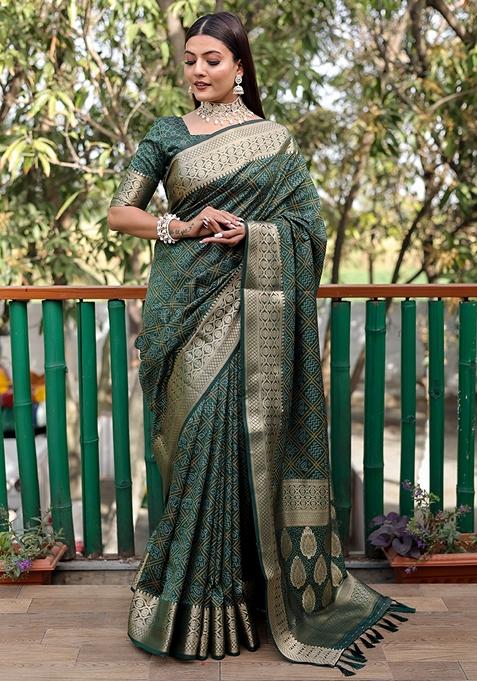 Green Zari Woven Silk Blend Saree Set