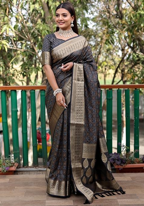 Navy Blue Zari Woven Silk Blend Saree Set