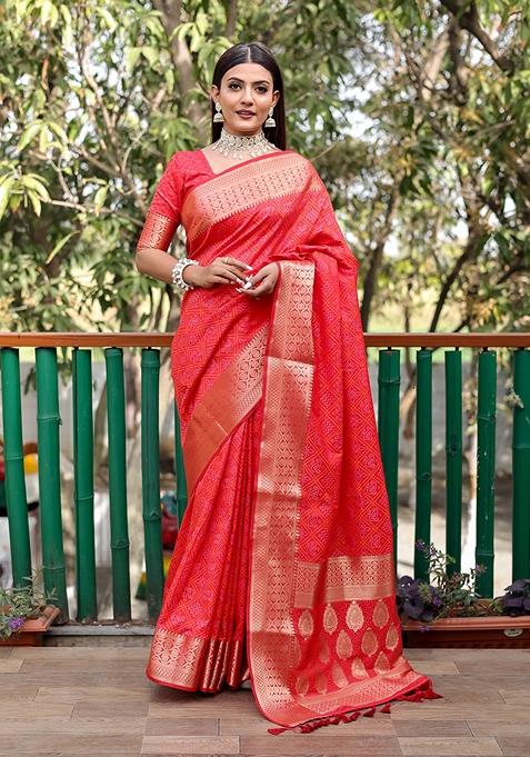 Red Zari Woven Silk Blend Saree Set