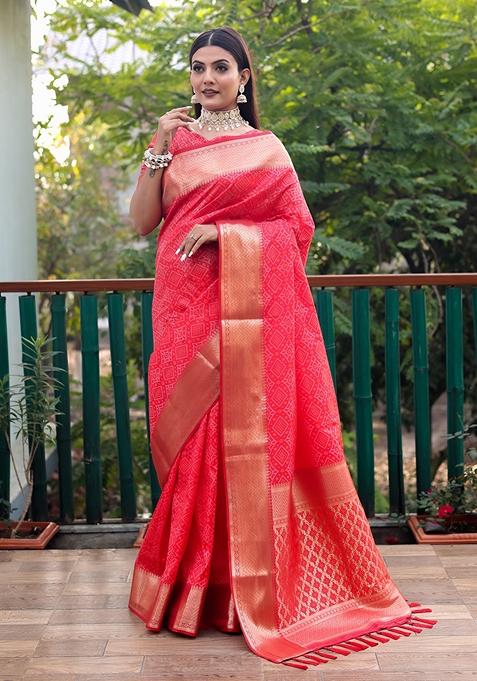 Red Zari Woven Silk Blend Saree Set