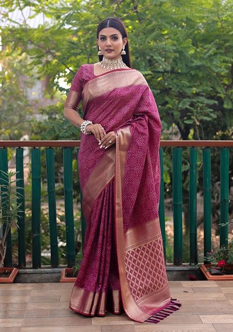 Rani Pink Zari Woven Silk Blend Saree Set