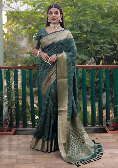 Teal Zari Woven Silk Blend Saree Set