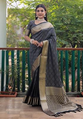 Blue Zari Woven Silk Blend Saree Set