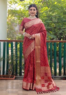 Red Zari Woven Silk Blend Saree Set