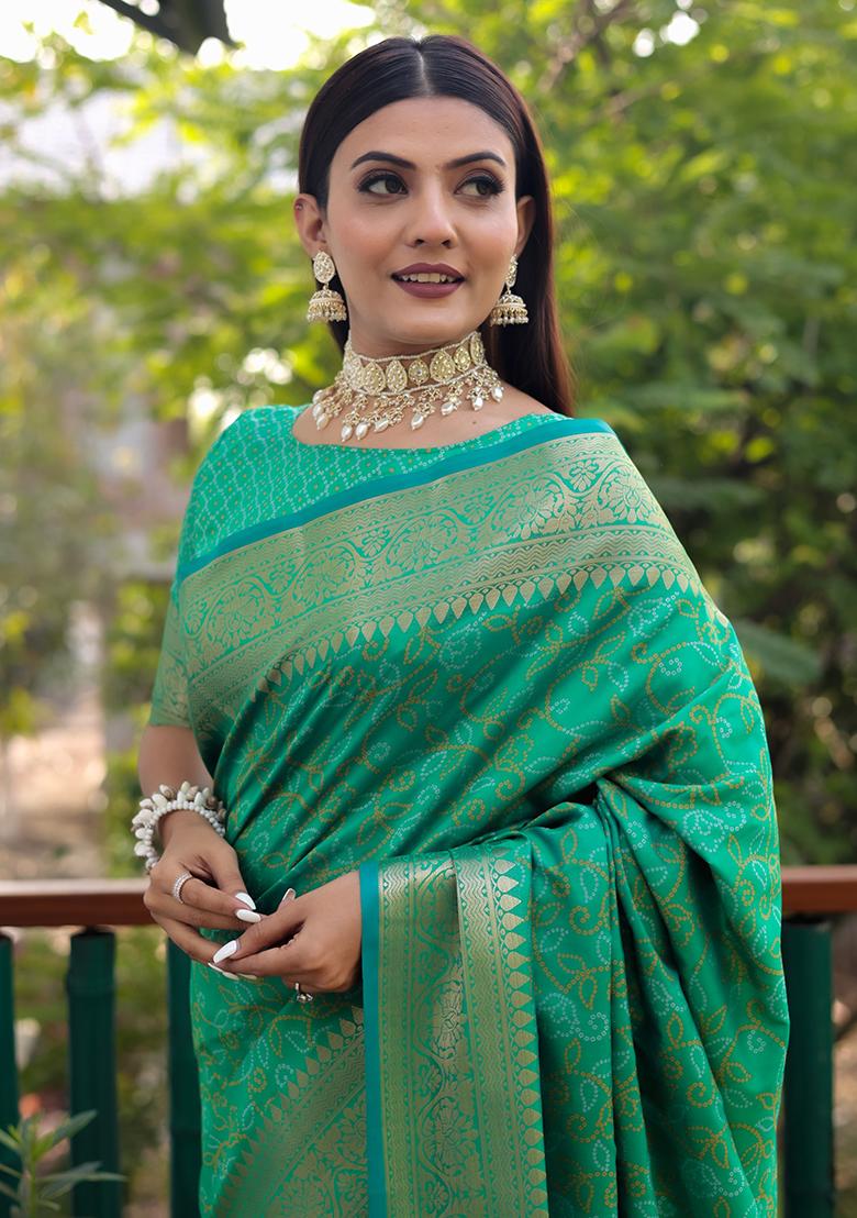 Jungle Green Zari Woven Silk Blend Saree Set - Indya