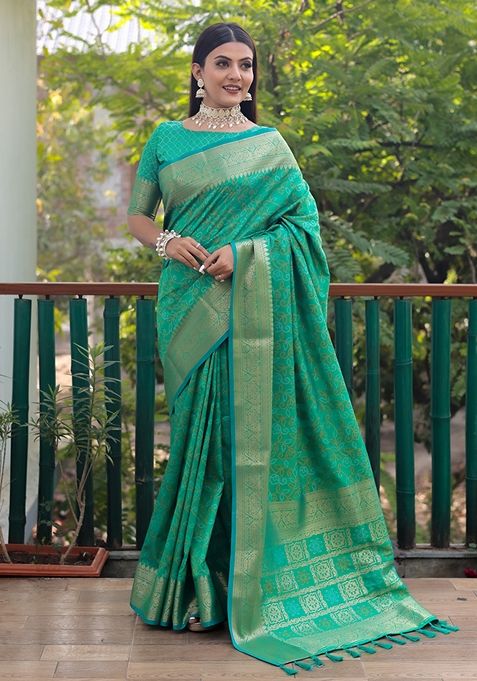 Jungle Green Zari Woven Silk Blend Saree Set