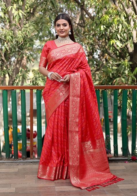 Red Zari Woven Silk Blend Saree Set