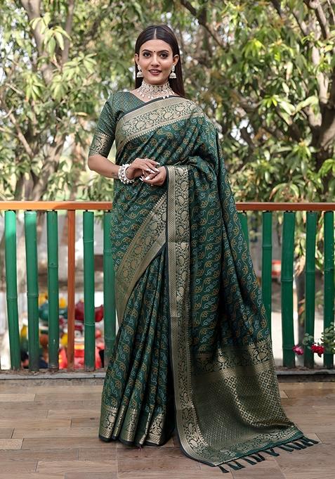 Green Zari Woven Silk Blend Saree Set