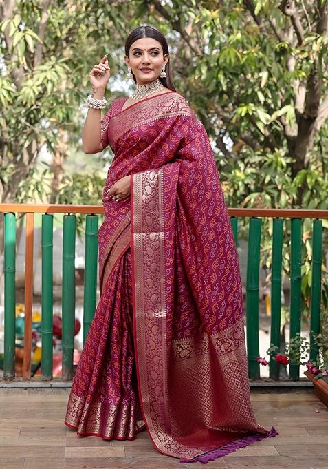 Rani Pink Zari Woven Silk Blend Saree Set