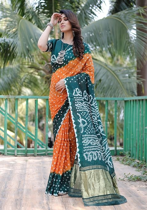 Dark Green Zari Woven Silk Blend Saree Set