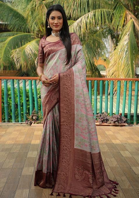 Light Grey Zari Woven Silk Blend Saree Set