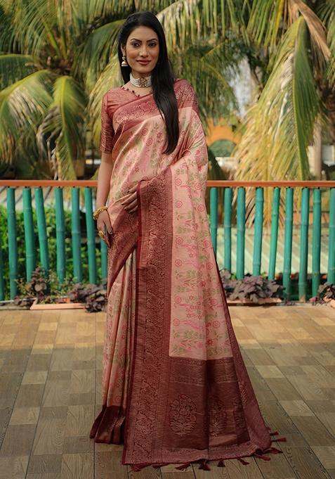 Peach Zari Woven Silk Blend Saree Set