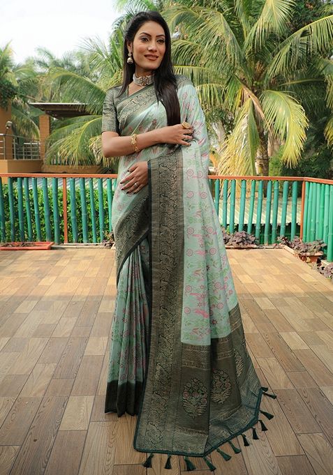 Sea Green Zari Woven Silk Blend Saree Set