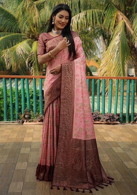 Pink Zari Woven Silk Blend Saree Set