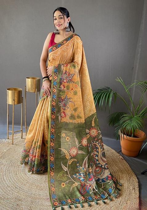 Yellow Printed Cotton Silk Saree Set