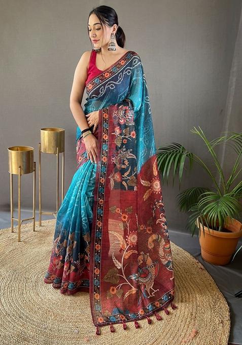 Teal Printed Cotton Silk Saree Set