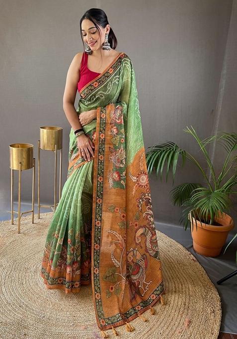 Mehendi Printed Cotton Silk Saree Set